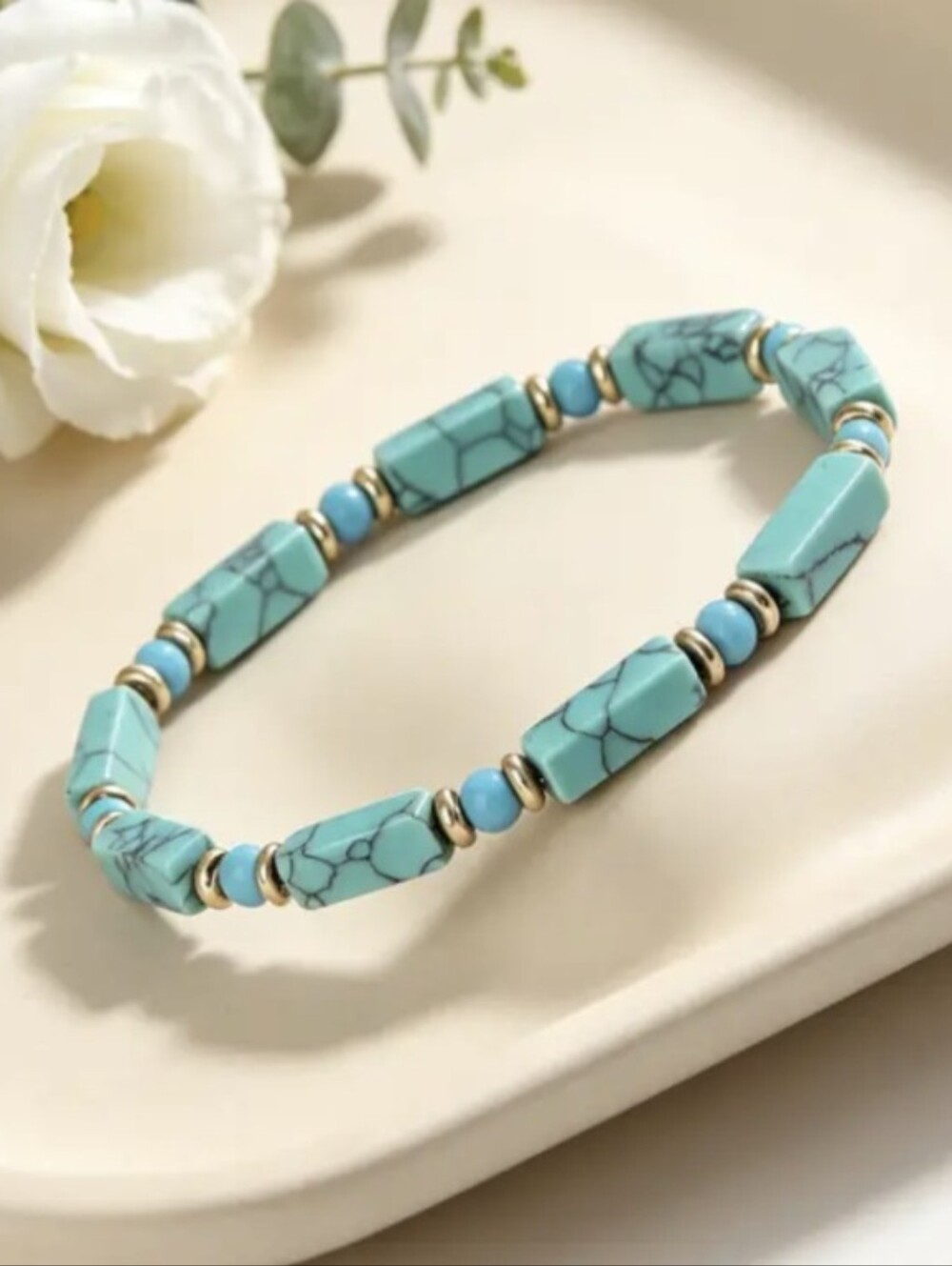 Natural Turquoise Retangular Beaded Bracelet New with tags